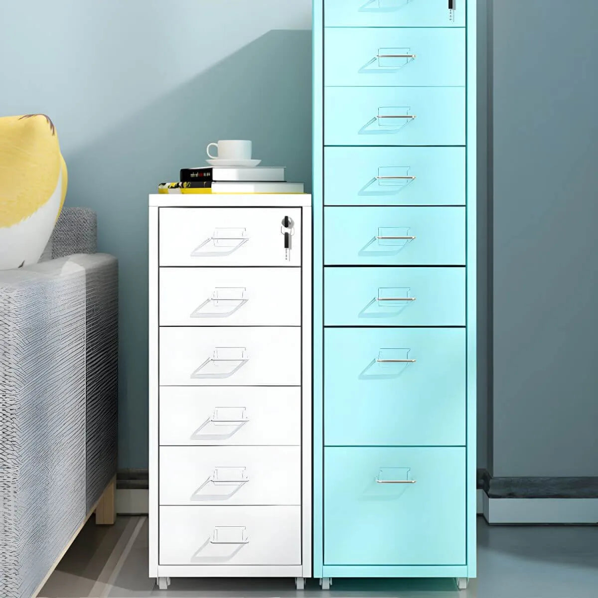 Slim Steel Locking File Cabinet With Casters and Tiered Drawers