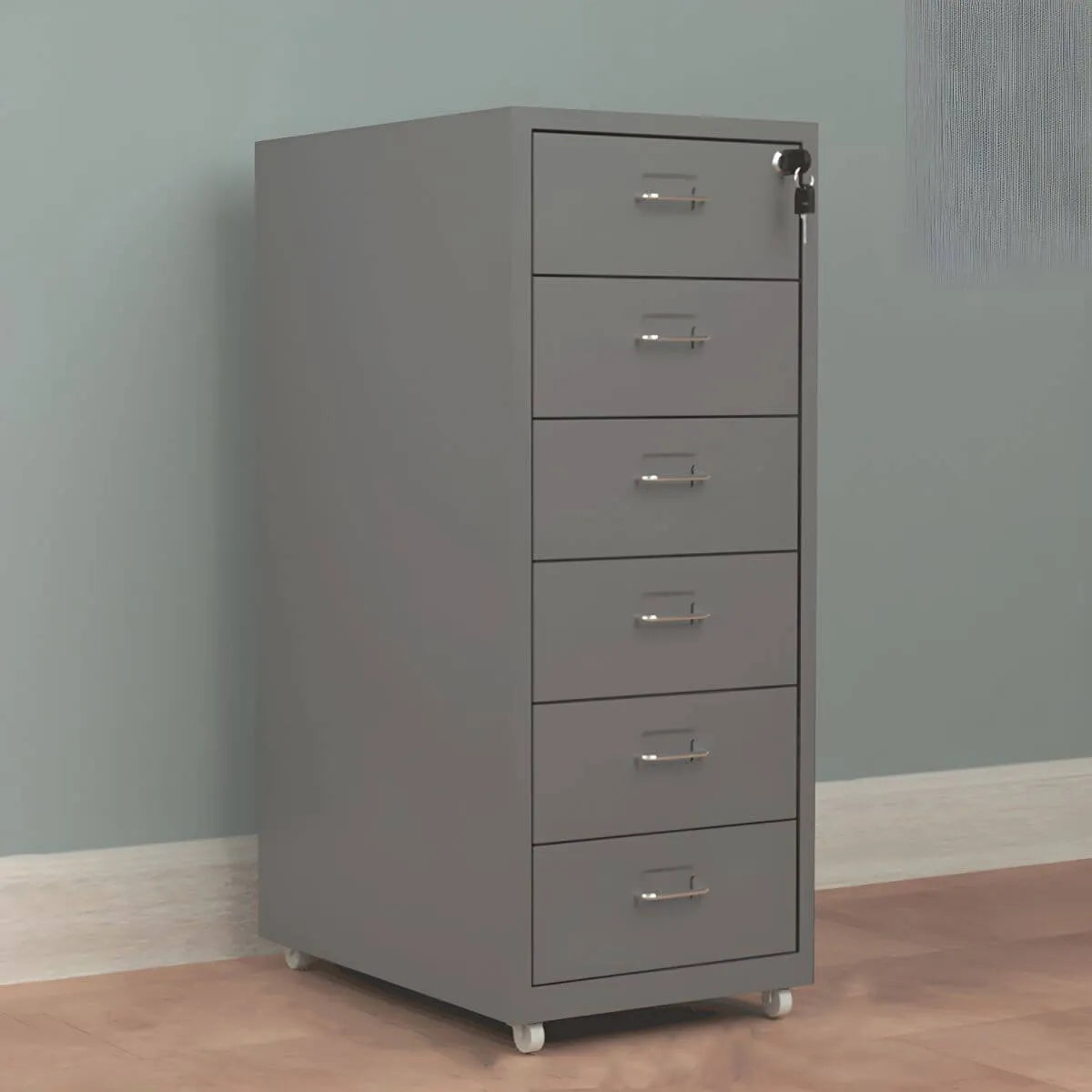 Slim Steel Locking File Cabinet With Casters and Tiered Drawers