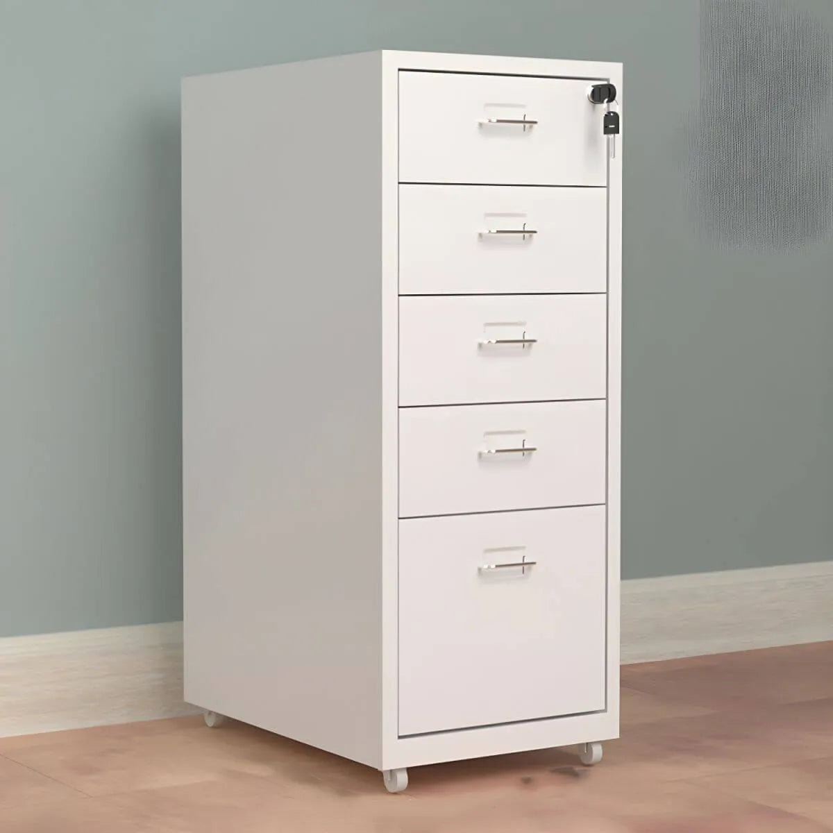 Slim Steel Locking File Cabinet With Casters and Tiered Drawers Main Product Image