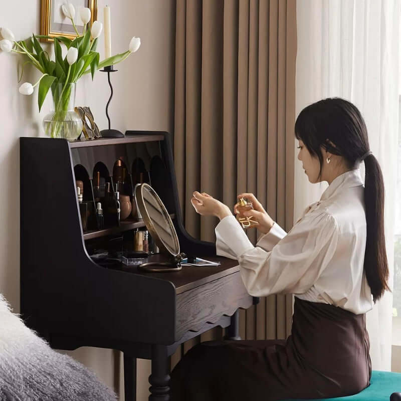 Small Vintage Vanity Set With Drawer & Stool - Dark Brown