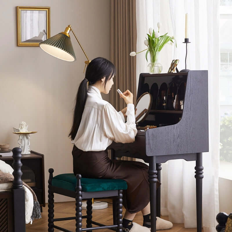 Small Vintage Vanity Set With Drawer & Stool - Dark Brown