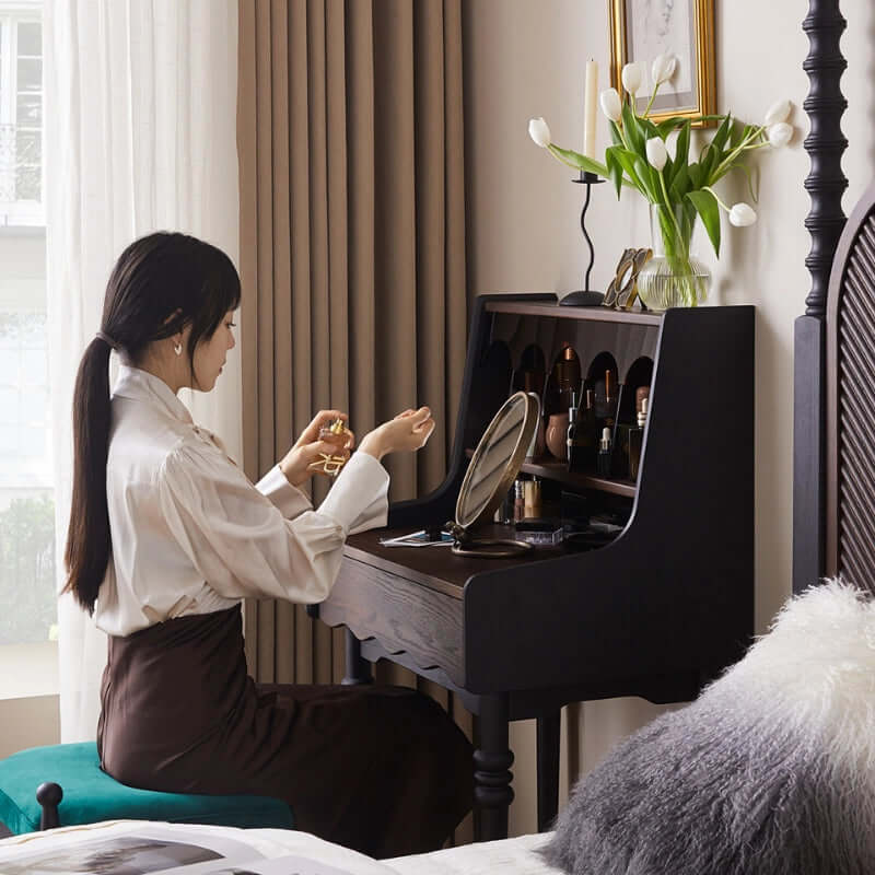 Small Vintage Vanity Set With Drawer & Stool - Dark Brown