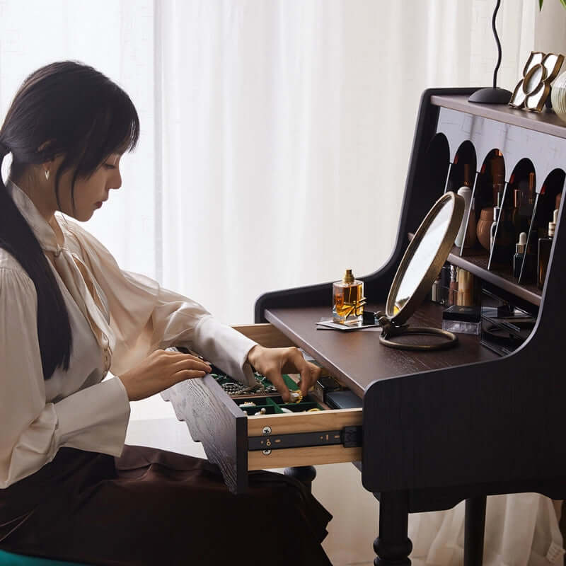 Small Vintage Vanity Set With Drawer & Stool - Dark Brown