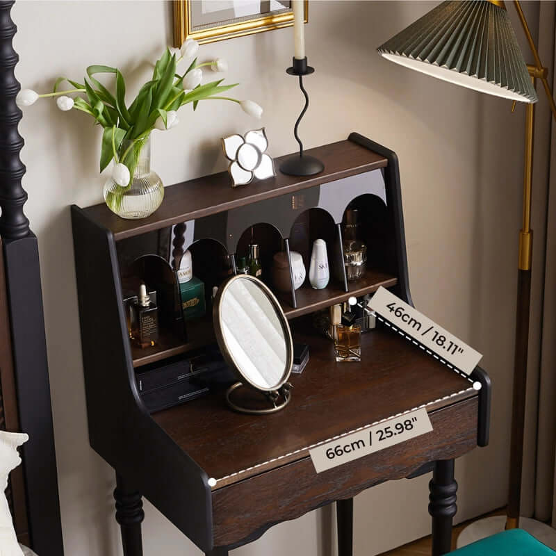Small Vintage Vanity Set With Drawer & Stool - Dark Brown