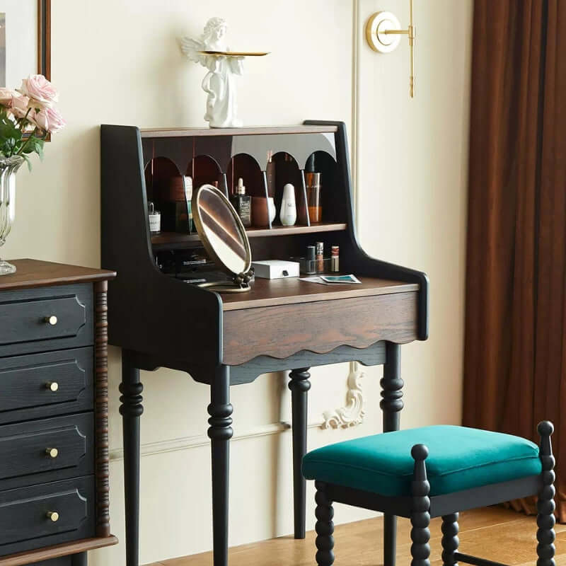 Small Vintage Vanity Set With Drawer & Stool - Dark Brown Main Product Image