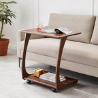 Small Walnut C-Shaped Sofa Side Table with Wheels