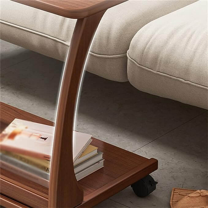 Small Walnut C-Shaped Sofa Side Table with Wheels