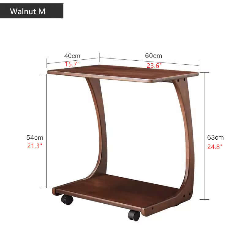 Small Walnut C-Shaped Sofa Side Table with Wheels