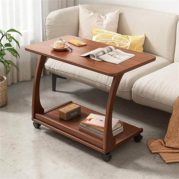 Kleiner Walnuss C-förmiger Sofa-Beistelltisch mit Rädern