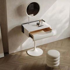 Small White Vanity Set With Mirror & Stool - Tulip Base