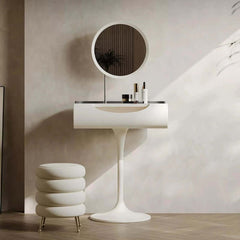 Small White Vanity Set With Mirror & Stool - Tulip Base