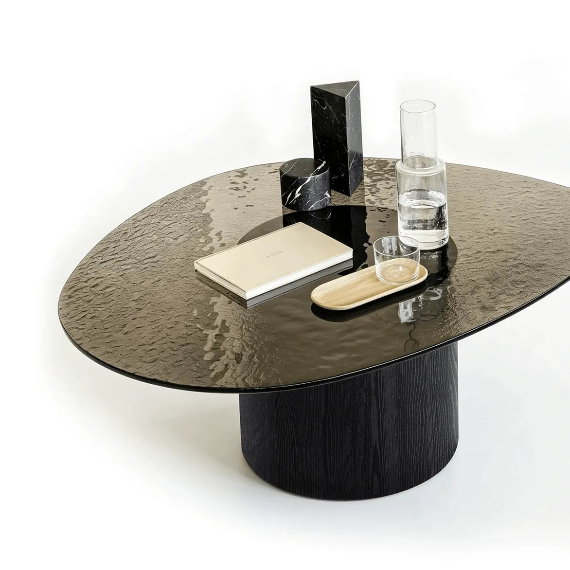 Smoked Glass Coffee Table Series with Ripple Texture and Wood Base