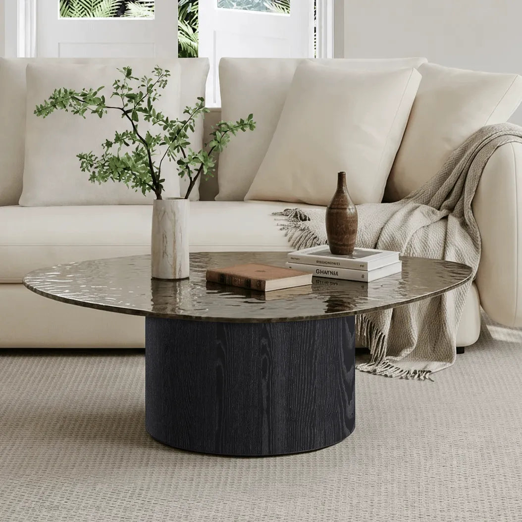 Smoked Glass Coffee Table Series with Ripple Texture and Wood Base