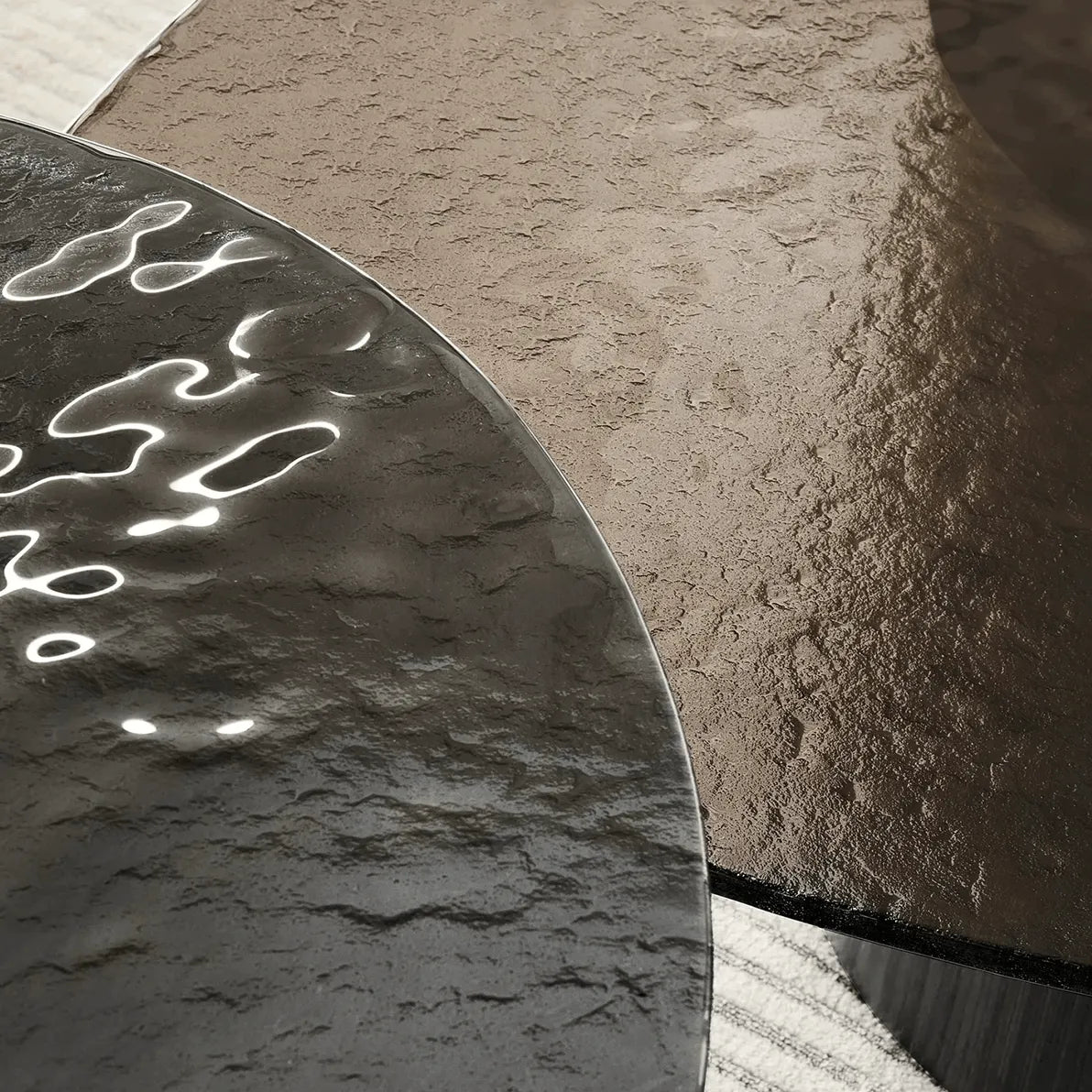 Smoked Glass Coffee Table Series with Ripple Texture and Wood Base