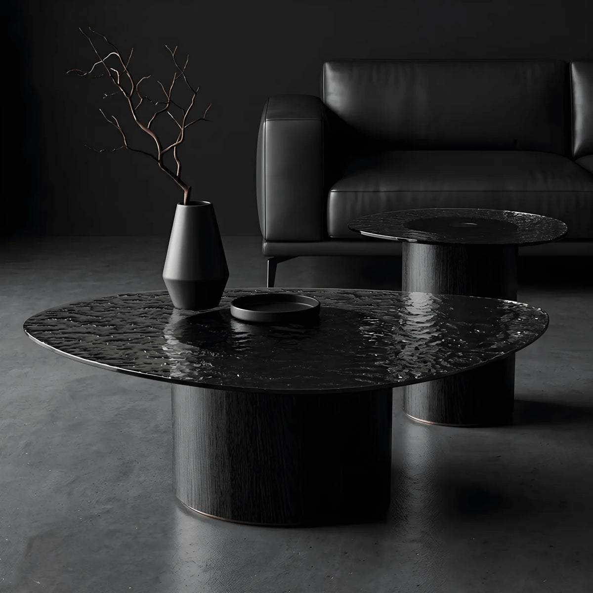 Smoked Glass Coffee Table Series with Ripple Texture and Wood Base