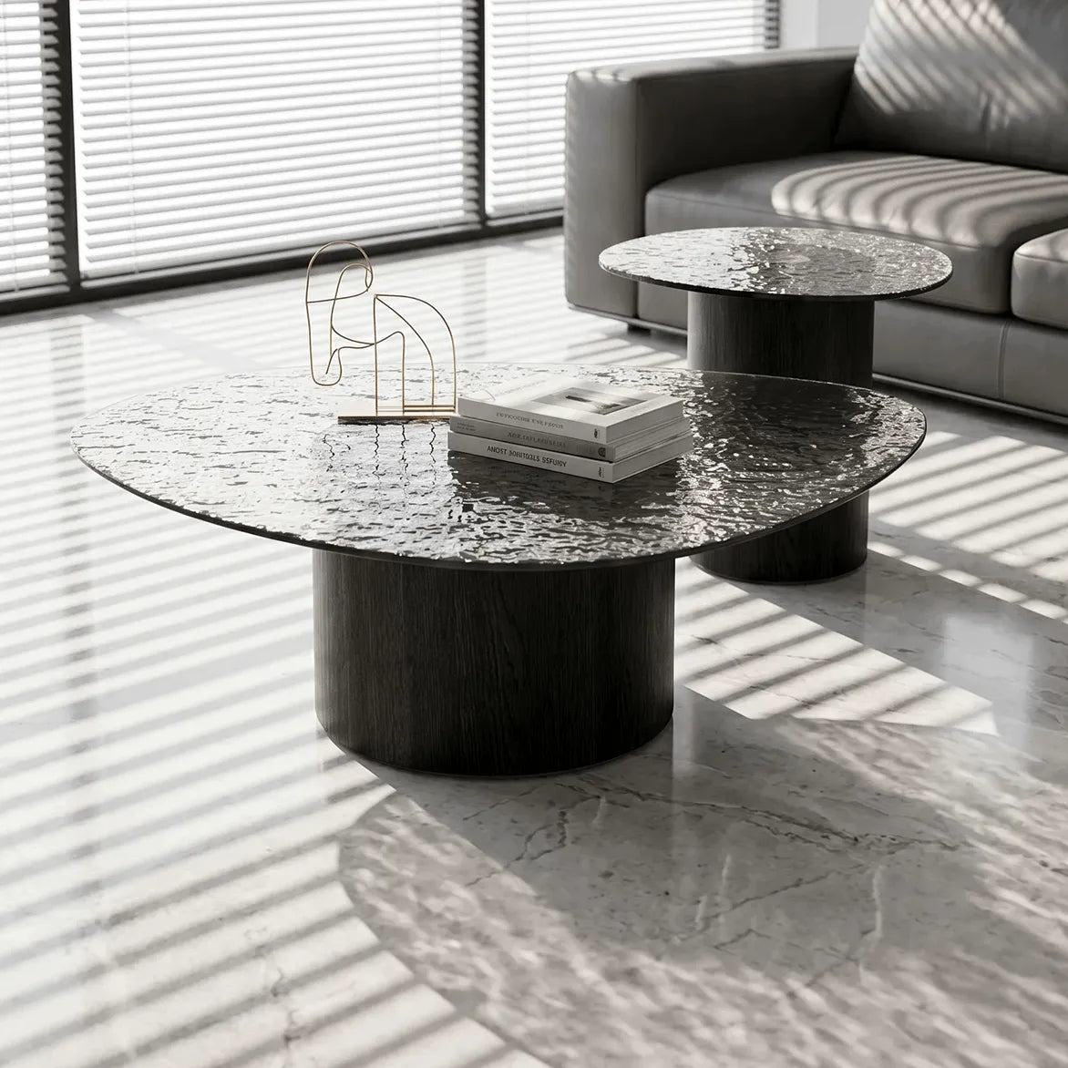 Smoked Glass Coffee Table Series with Ripple Texture and Wood Base
