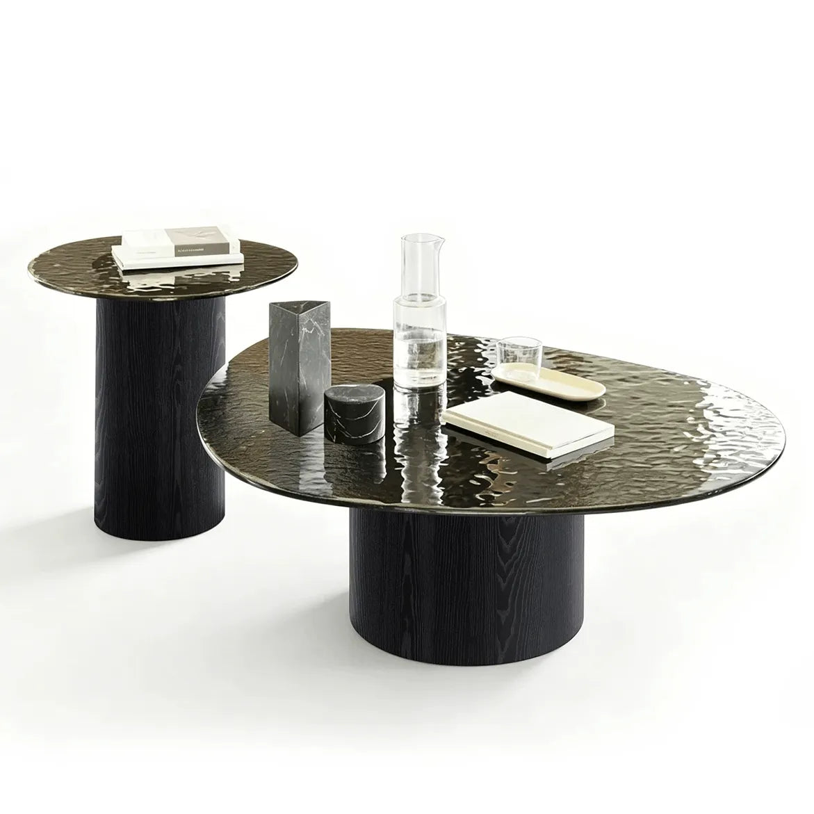 Smoked Glass Coffee Table Series with Ripple Texture and Wood Base