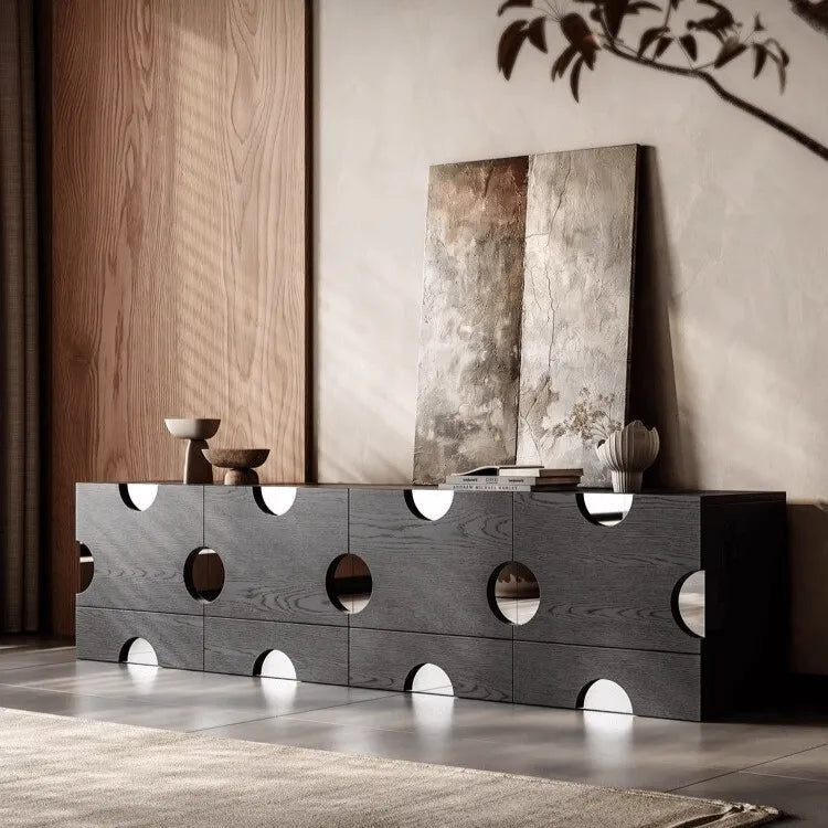 Solid Ash Wood Cabinets with Mirrored Insets and Lift-Top Hidden Storage