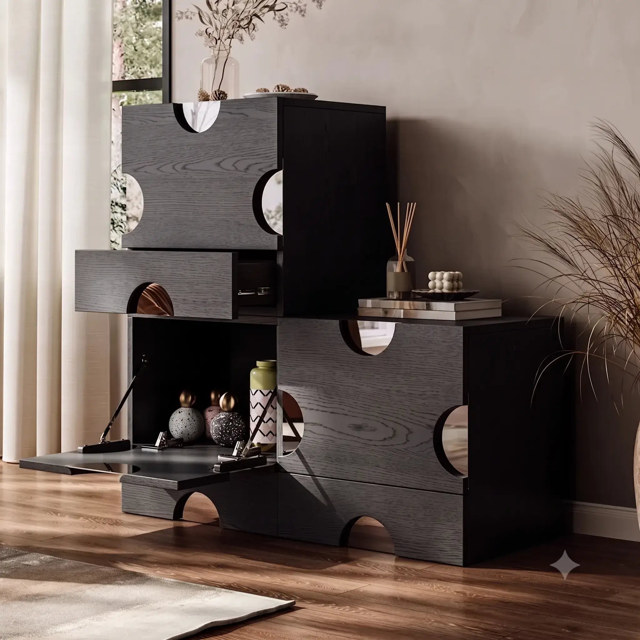 Solid Ash Wood Cabinets with Mirrored Insets and Lift-Top Hidden Storage