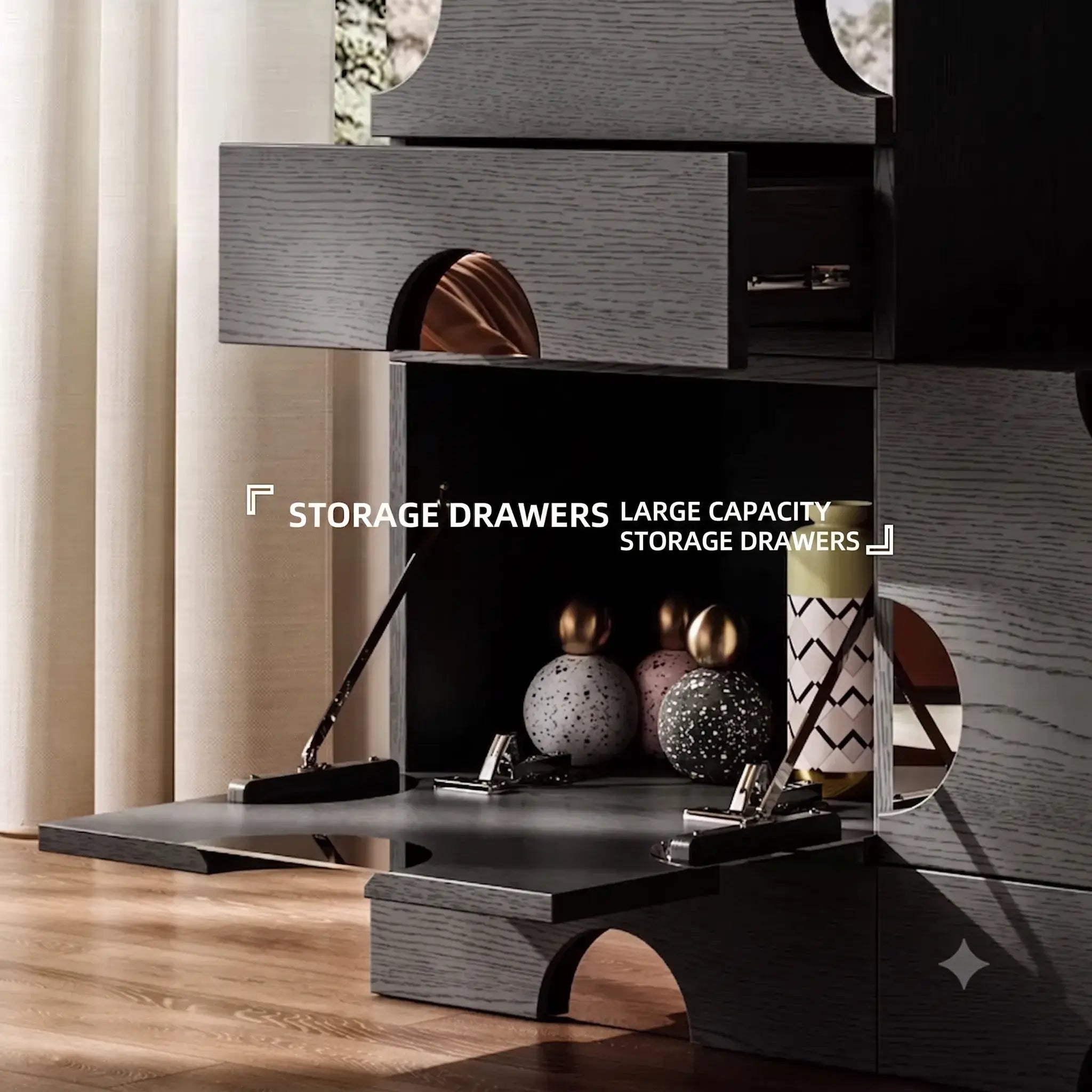 Solid Ash Wood Cabinets with Mirrored Insets and Lift-Top Hidden Storage