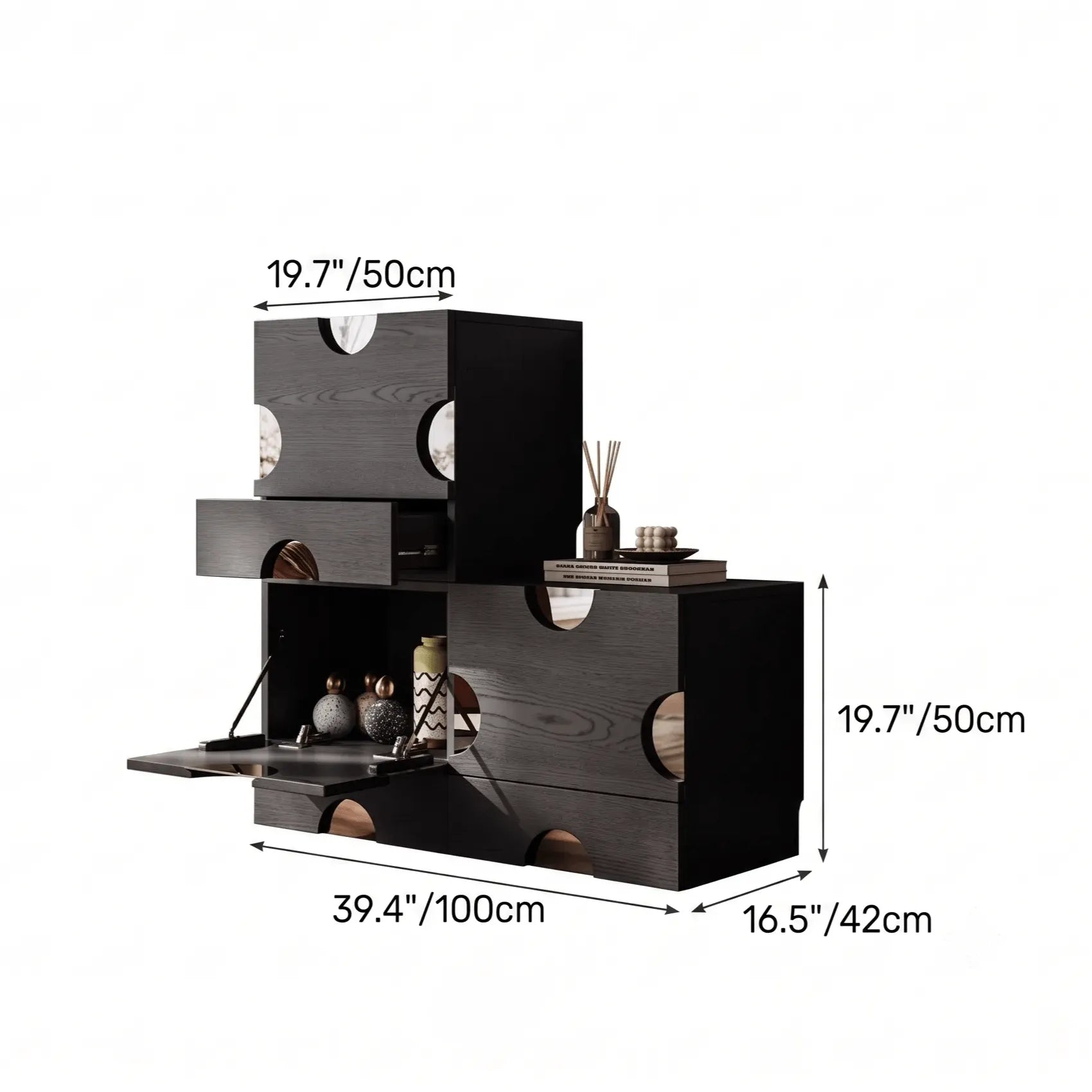 Solid Ash Wood Cabinets with Mirrored Insets and Lift-Top Hidden Storage Dimensions