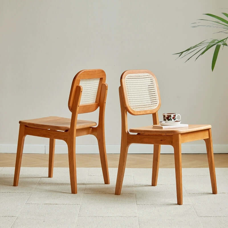 Solid Cherry Wood And Rattan Japandi Dining Chair Duo