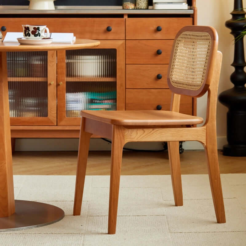 Solid Cherry Wood And Rattan Japandi Dining Chair Duo