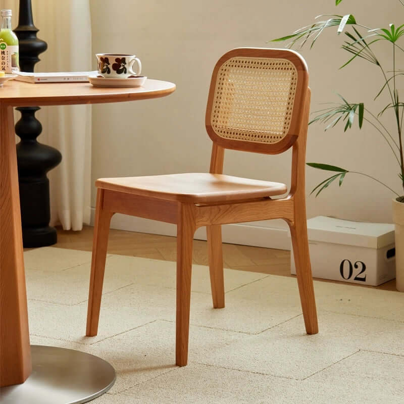 Solid Cherry Wood And Rattan Japandi Dining Chair Duo Main Product Image Image principale du produit