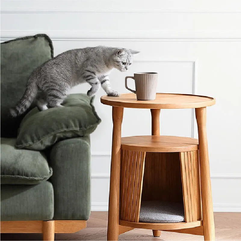 Solid Cherry Wood Cat Hideaway Side Table With Japandi Tray Top