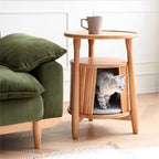 Solid Cherry Wood Cat Hideaway Side Table With Japandi Tray Top