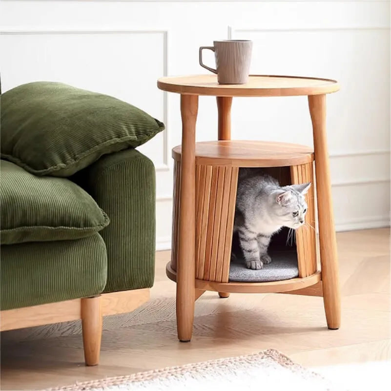 Solid Cherry Wood Cat Hideaway Side Table With Japandi Tray Top