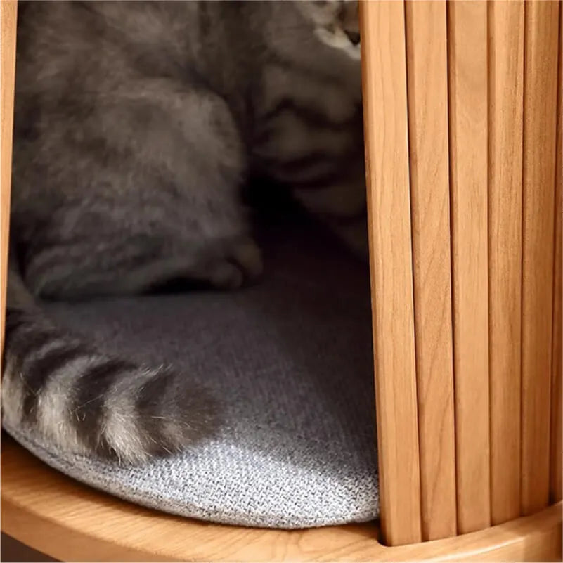 Solid Cherry Wood Cat Hideaway Side Table With Japandi Tray Top
