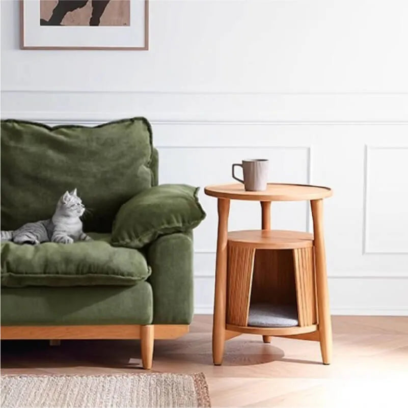 Solid Cherry Wood Cat Hideaway Side Table With Japandi Tray Top