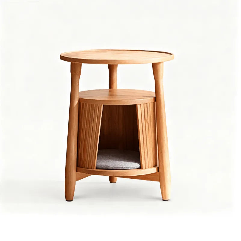 Solid Cherry Wood Cat Hideaway Side Table With Japandi Tray Top