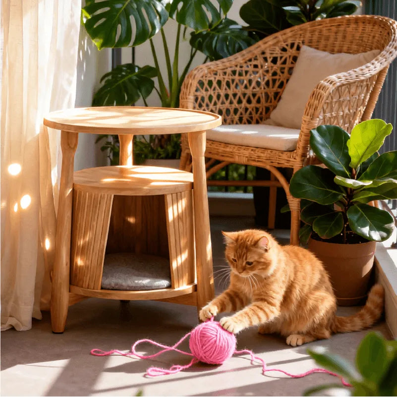 Solid Cherry Wood Cat Hideaway Side Table With Japandi Tray Top