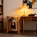 Solid Cherry Wood Cat Hideaway Side Table With Japandi Tray Top Main Product Image