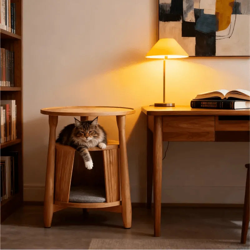 Solid Cherry Wood Cat Hideaway Side Table With Japandi Tray Top Main Product Image