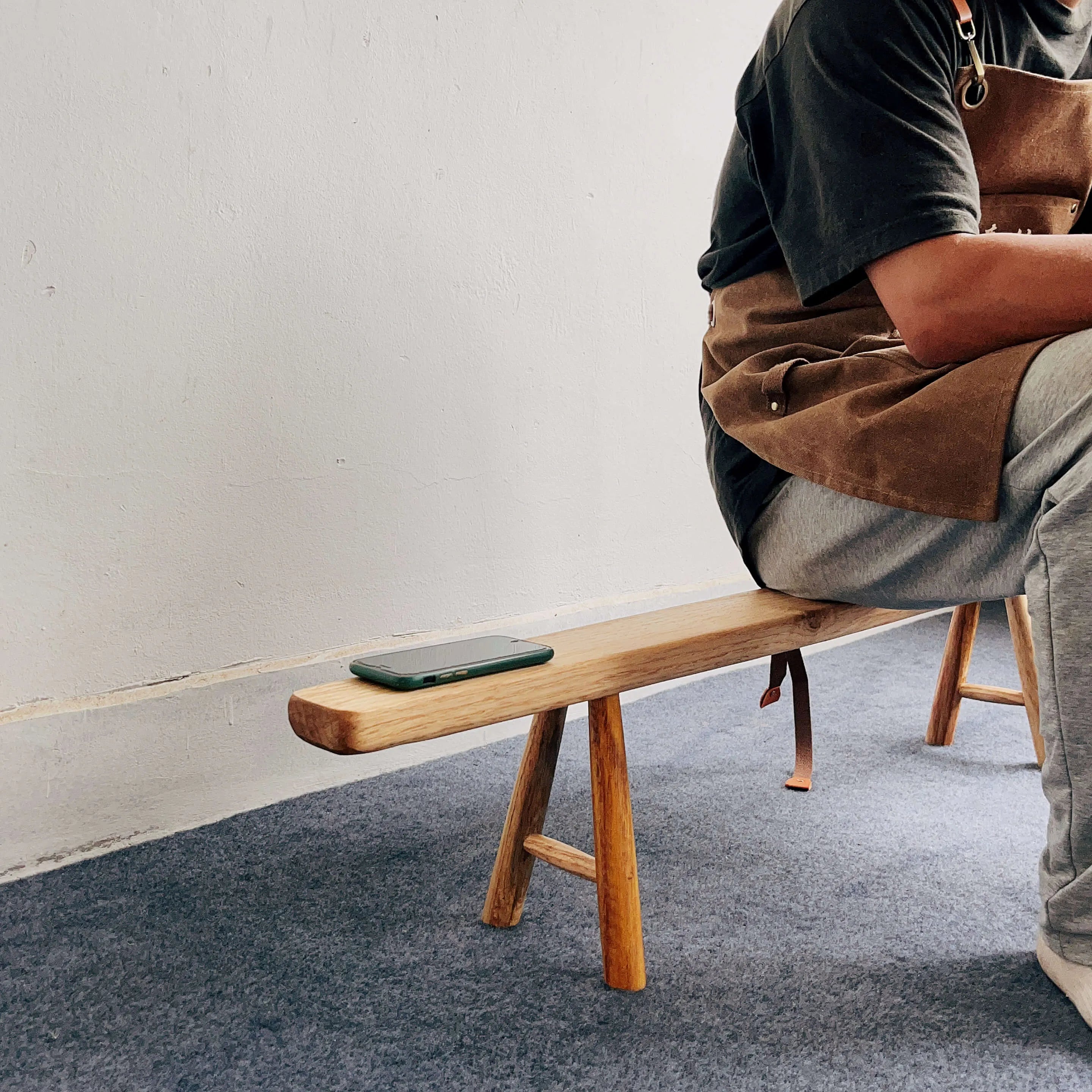 Solid Kashiwa Wood Narrow Bench with Natural Edge & A-Frame Legs