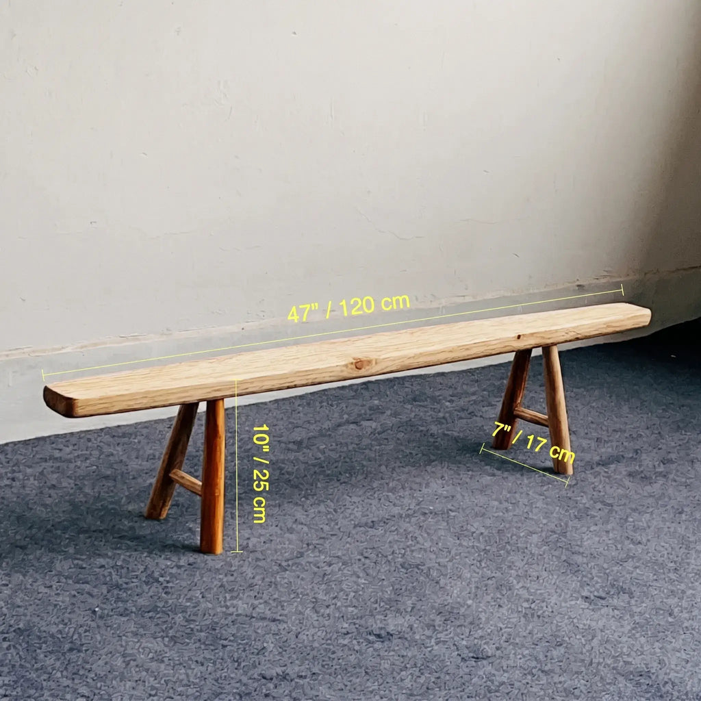 Solid Kashiwa Wood Narrow Bench with Natural Edge & A-Frame Legs Dimensions
