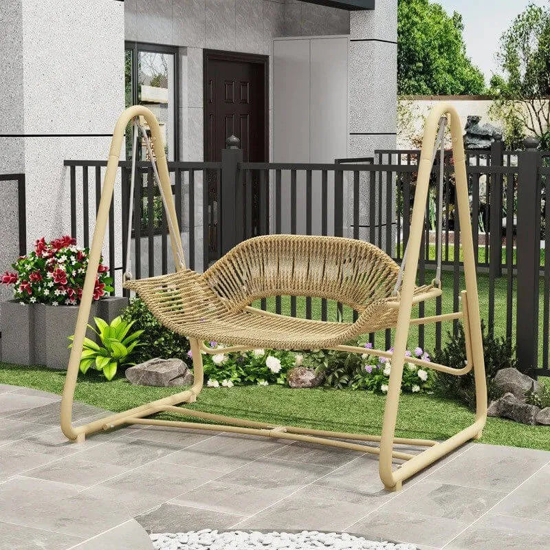 Solid Metal Frame Outdoor Swing Bench with Woven PE Rattan Seat