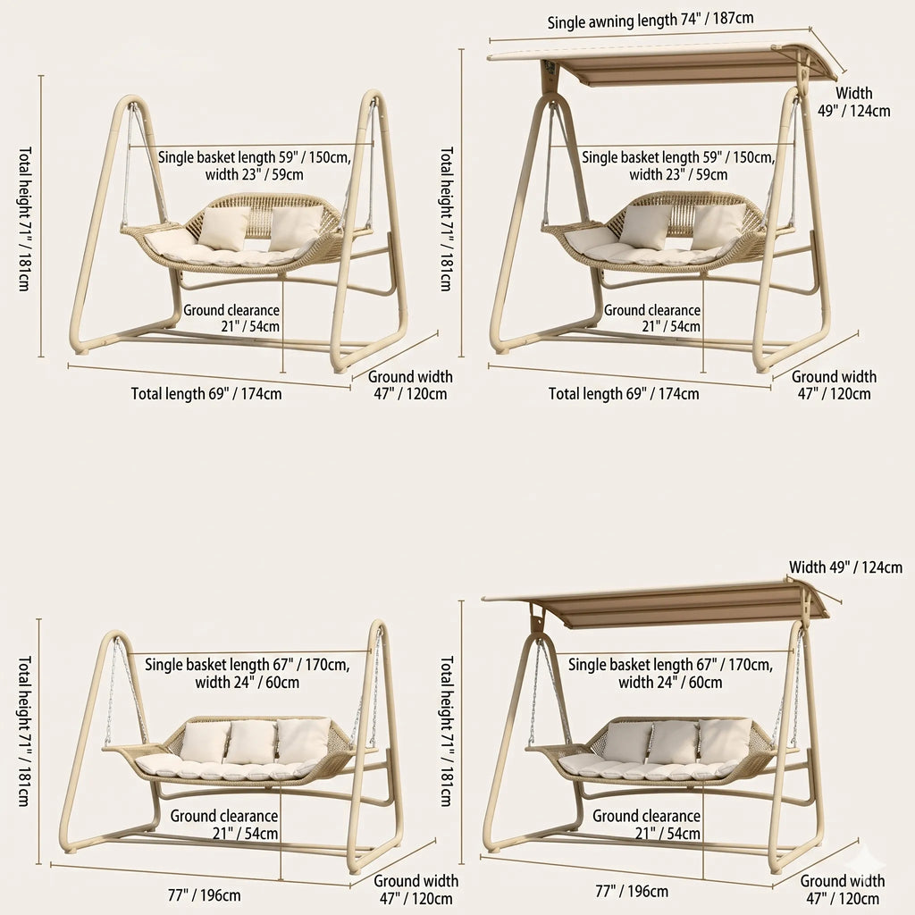 Solid Metal Frame Outdoor Swing Bench with Woven PE Rattan Seat Dimensions