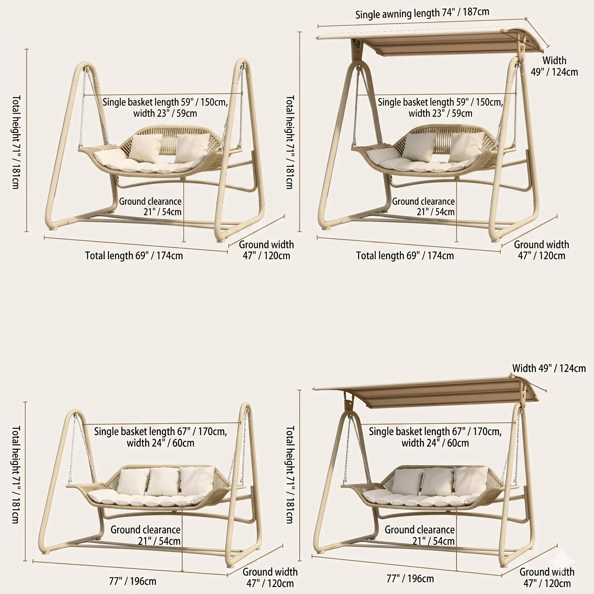 Solid Metal Frame Outdoor Swing Bench with Woven PE Rattan Seat Dimensions
