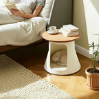Solid Oak Cat Coffee Table With Cozy Hideaway and Sculptural Base