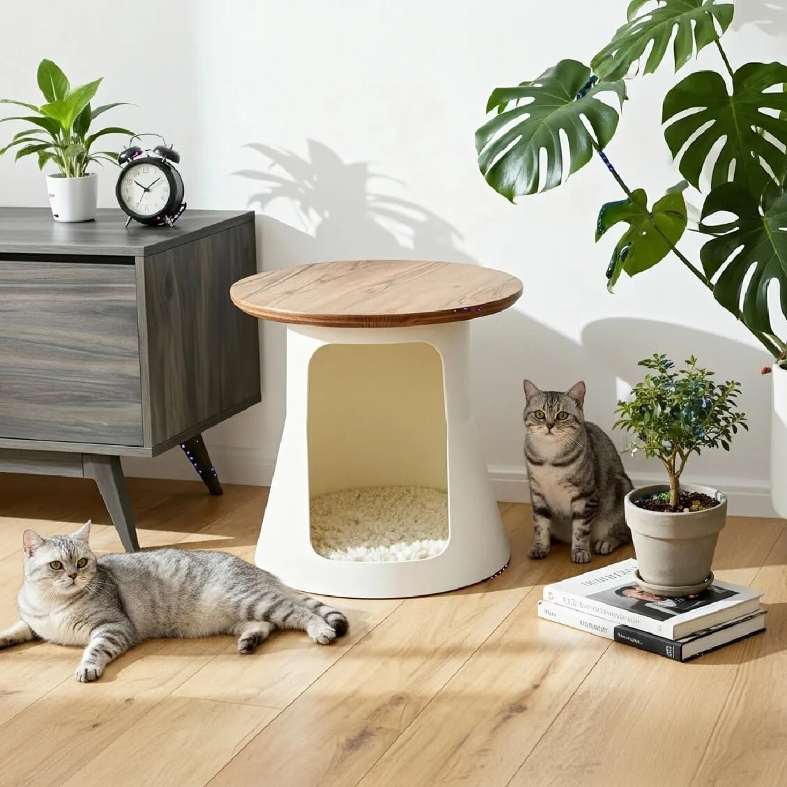 Solid Oak Cat Coffee Table With Cozy Hideaway and Sculptural Base