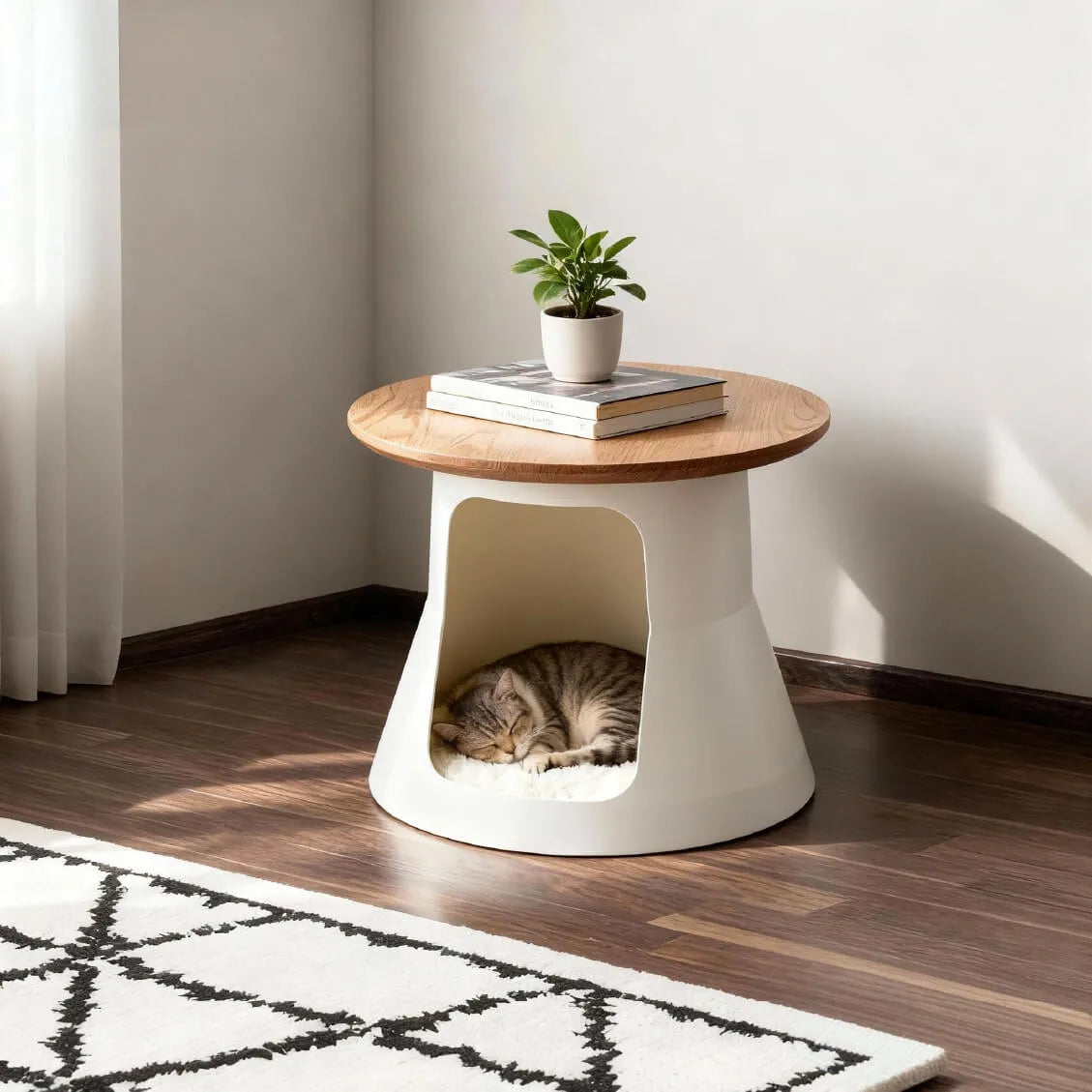 Solid Oak Cat Coffee Table With Cozy Hideaway and Sculptural Base
