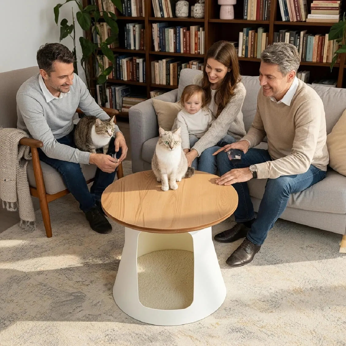 Solid Oak Cat Coffee Table With Cozy Hideaway and Sculptural Base