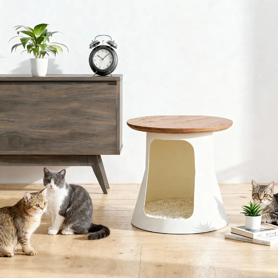 Solid Oak Cat Coffee Table With Cozy Hideaway and Sculptural Base Main Product Image メイン画像