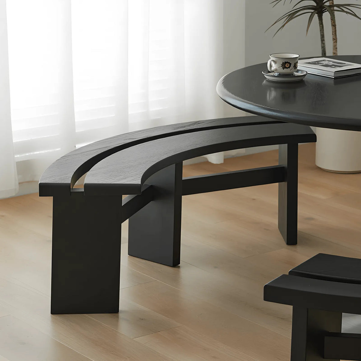 Solid Oak Crescent Bench with Double-Curve Silhouette and Sculptural Legs