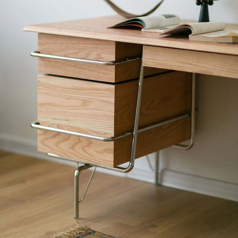 Solid Oak Desk With Drawers And Chrome Tubular Frame