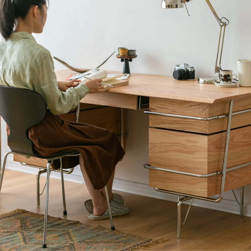 Solid Oak Desk With Drawers And Chrome Tubular Frame